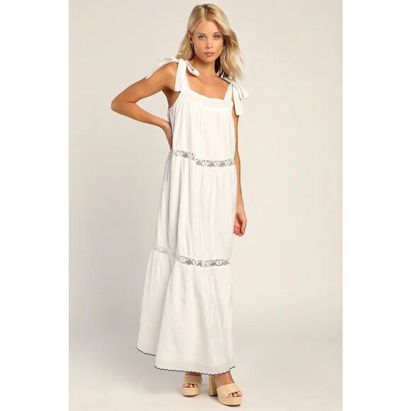 LULUS NEW Angelic Essence White Lace Jacquard Tie-Strap Tiered White Dress – Med - Picture 8 of 8